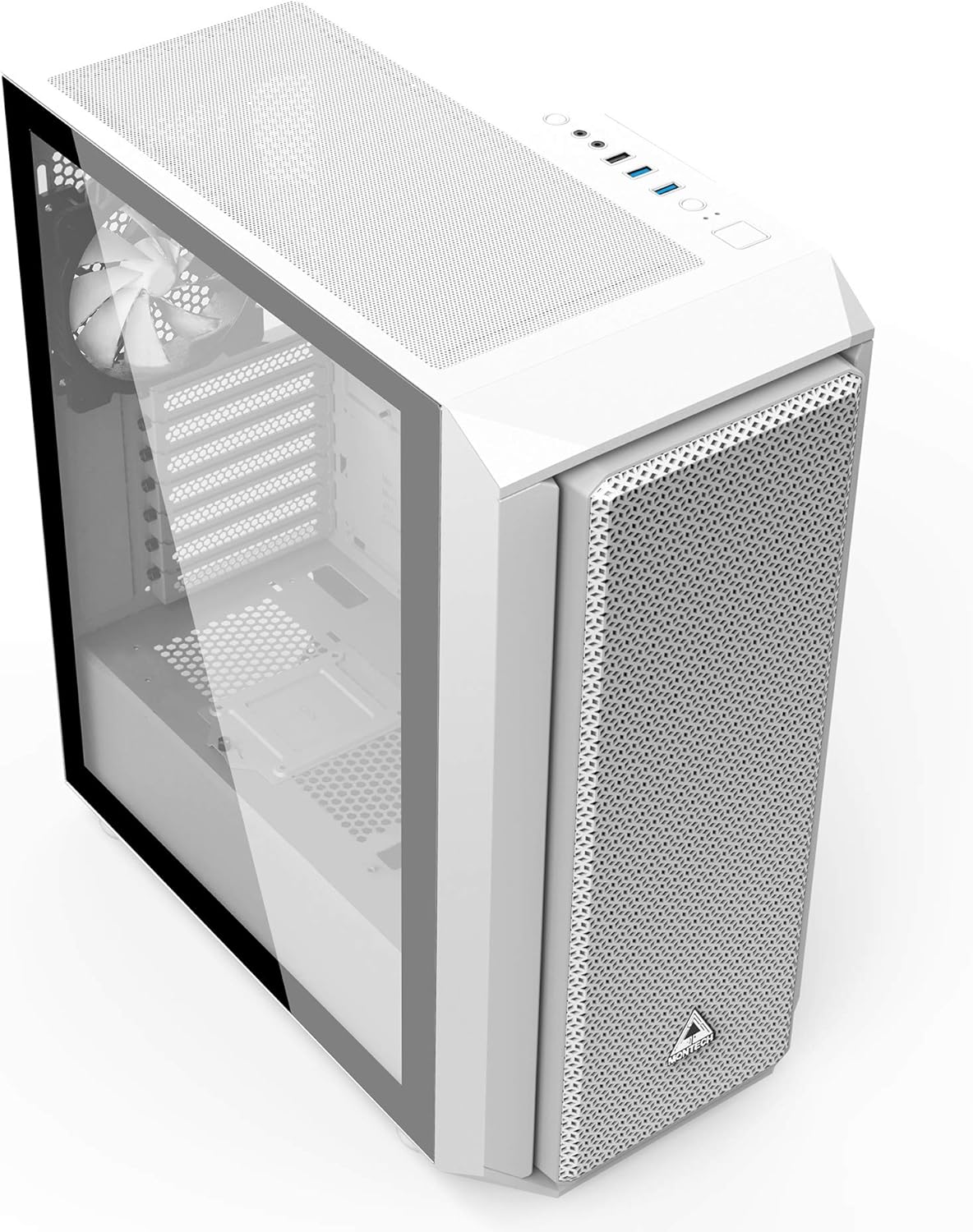 Top-front angled view of the Montech AIR X ARGB-White PC Case