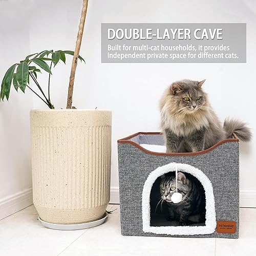 Miniatura 5 de PETKARAY Cueva para gatos, camas para gatos de interior, casa de cubo cubierta para gatos con bola de felpa y almohadilla para rascar, condominio
