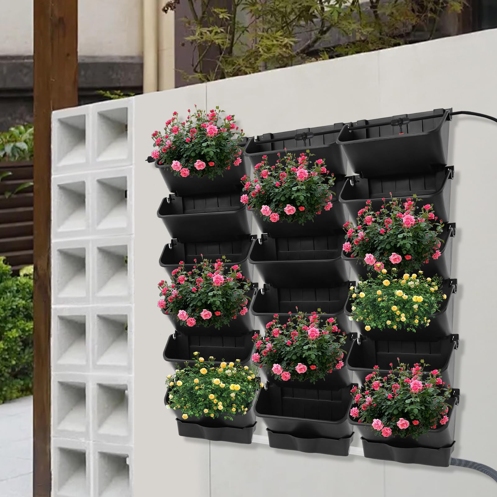 Pianta da parete verticale sospesa con sistema di irrigazione automatico, 18 vasi, vasi da fiori, parete verticale da giardino, da appendere (nero)