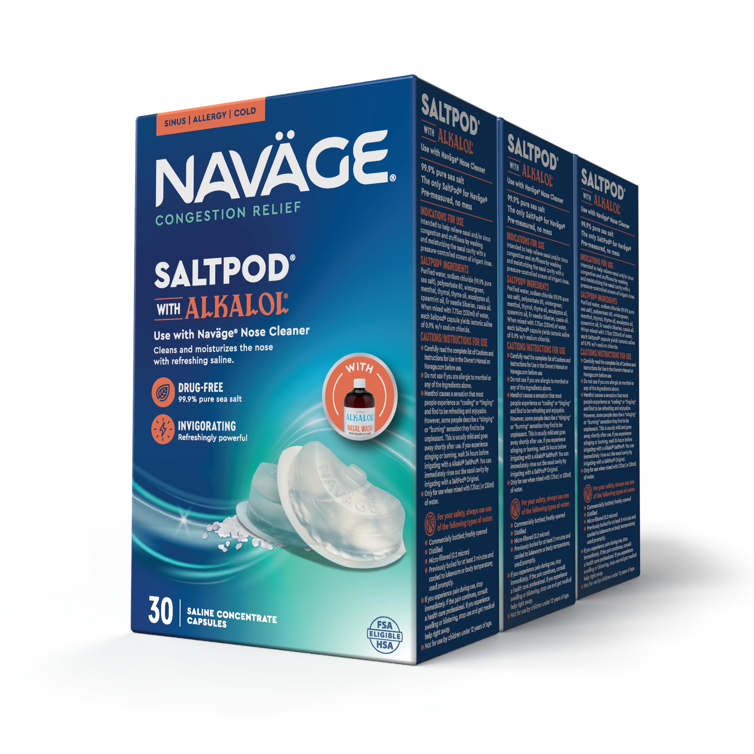 Navage SaltPod w/ Alkalol (3 30-Packs) - Exclusively Designed for Navage Nasal Rinse - Sinus Rinse Alkalol Pods for Fast Relief (90 SaltPod Refills)