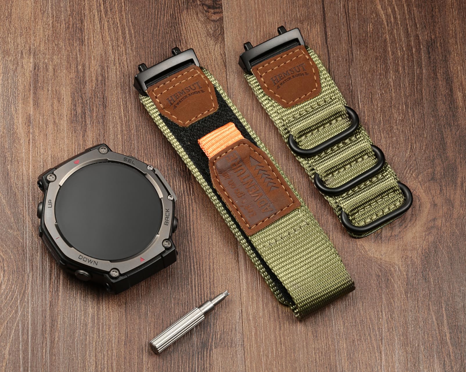 SMITHA Cinturino per orologio compatibile con Amazfit Trex 3 / Trex 3 Pro 48 mm, cinturino in nylon resistente con toppa in pelle, cinturino sportivo regolabile a 3 anelli in 5 colori