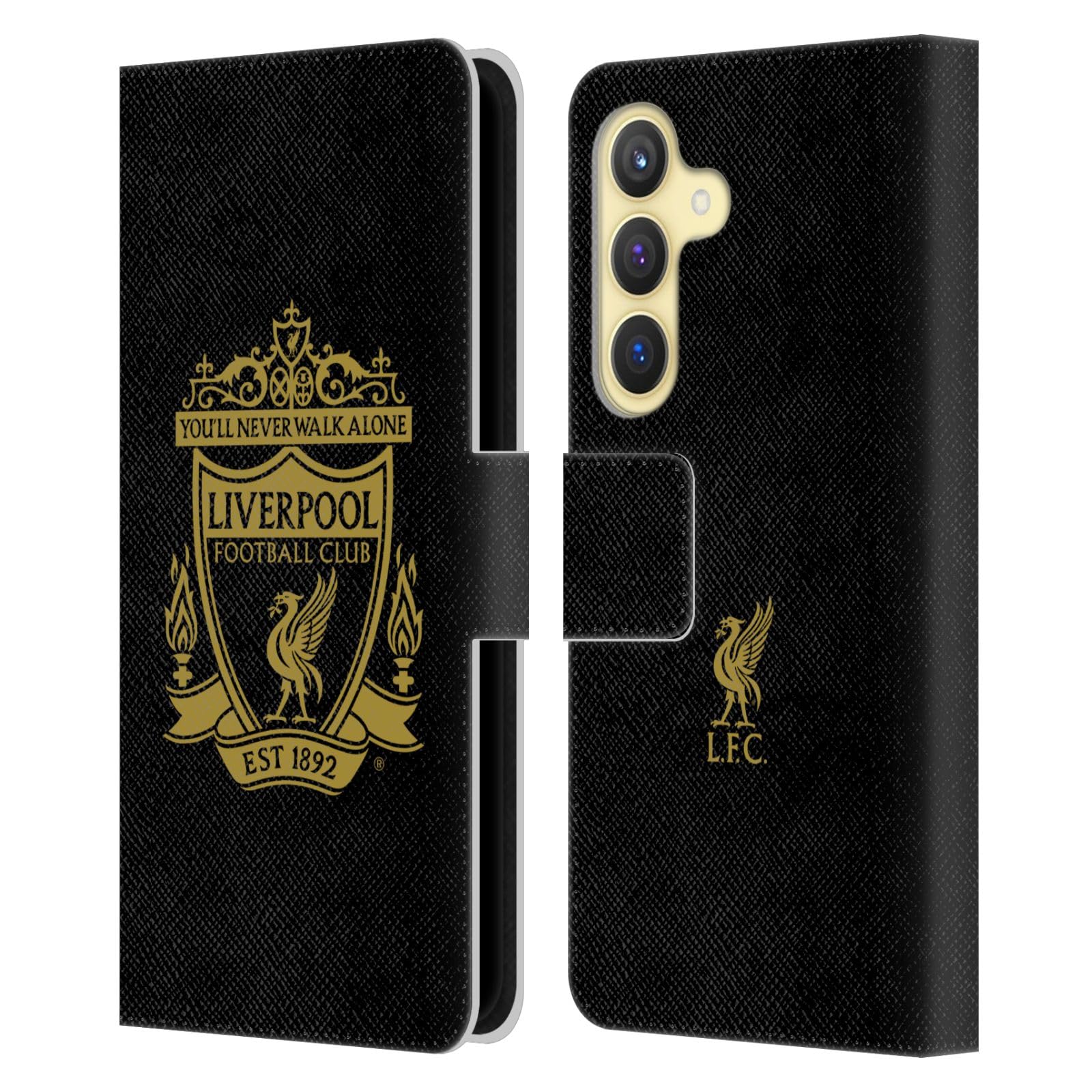 Head Case Designs Officially Licensed Liverpool Football Club Black 3 Crest 1 Leather Book Wallet Case Cover Compatible With Samsung Galaxy S24 5G