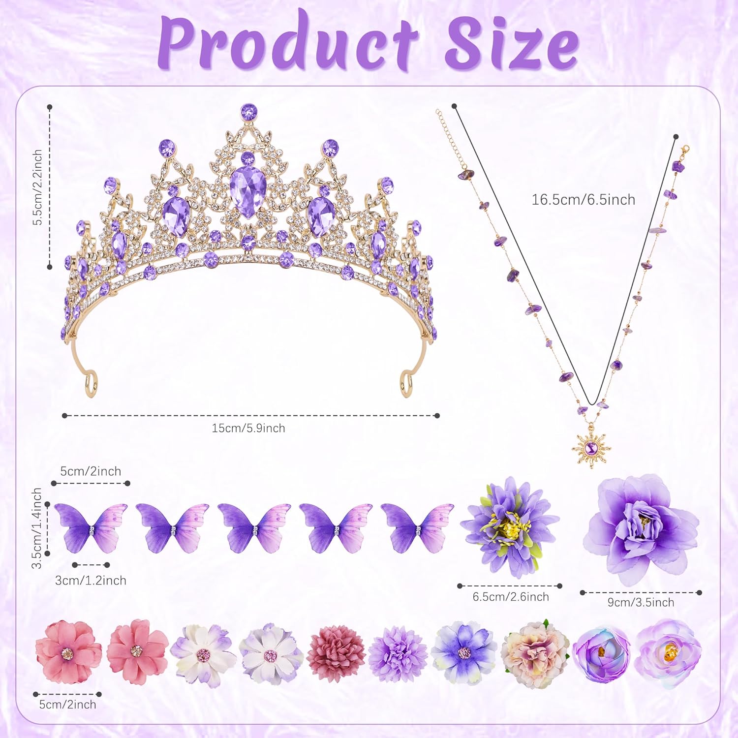 Princess Costume Accessories, Purple Crystal Tiaras Crown Sun Necklace Flower Butterfly Hairpin for Women Cosplay Halloween - Image 3