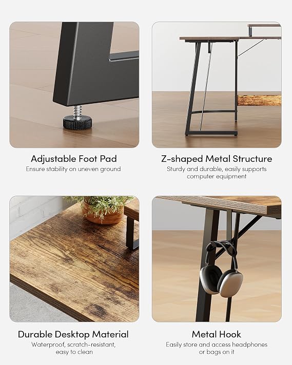 CubiCubi L Shaped Gaming Desk, 170 x 120 cm Computer Desk with Monitor Stand, Office Table for Home and Office, Rustic Brown