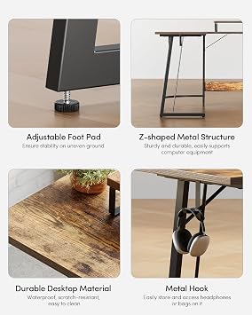 CubiCubi L Shaped Gaming Desk, 170 x 120 cm Computer Desk with Monitor Stand, Office Table for Home and Office, Rustic Brown