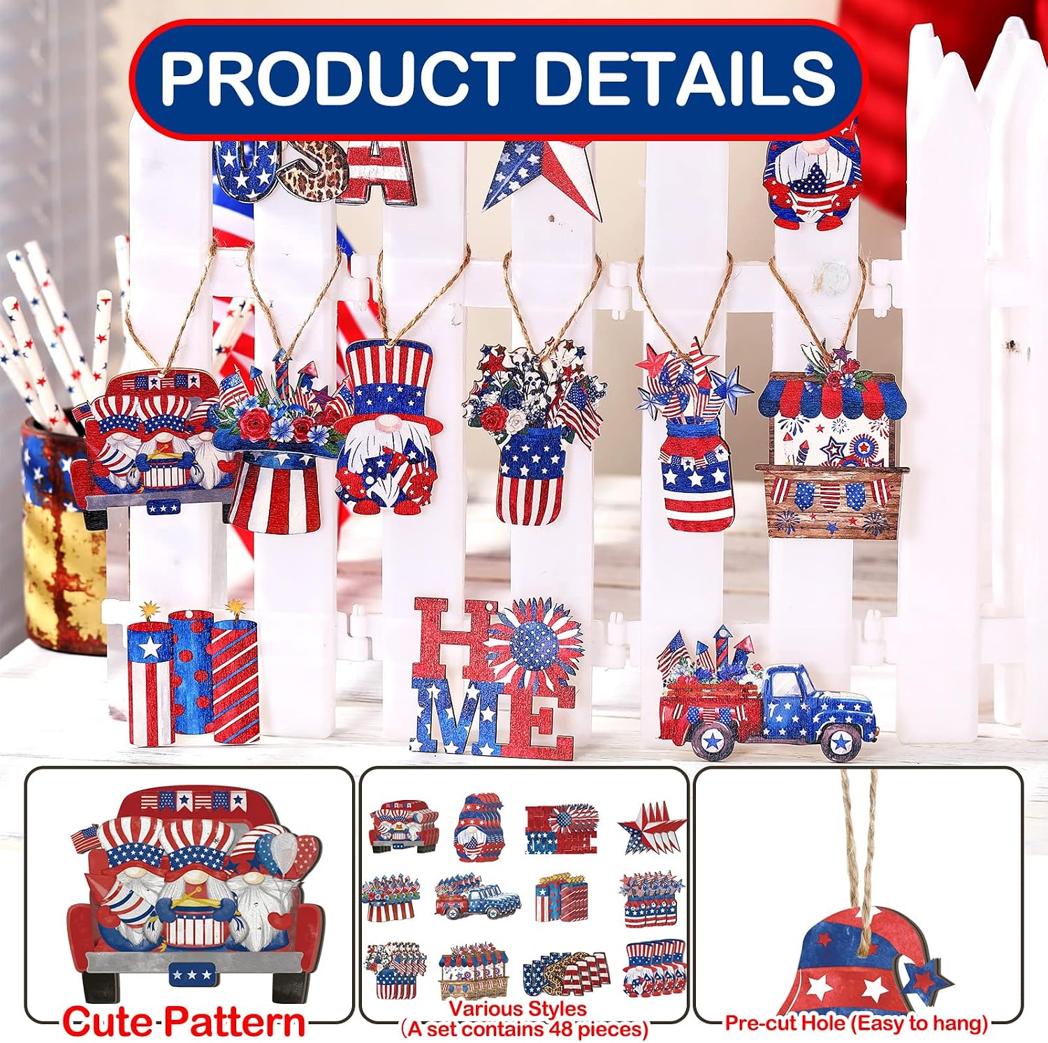 PerKoop 48 Pcs 4th of July Ornaments Patriotic Tree Decorations 250th Independence Day Wooden Hanging Decor Red White Blue Ornaments with Ropes American Star Decor for Anniversary Party(Bright)