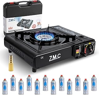 Z.M.C Gaskocher 1-flammig inkl. Adapter für LPG + Aufbewahrungskoffer Campingkocher Set mit Gaskartuschen 227g und Grillplatte Wählbar, für Outdoor und Innenraum, Campinggaskocher mit Piezozündung