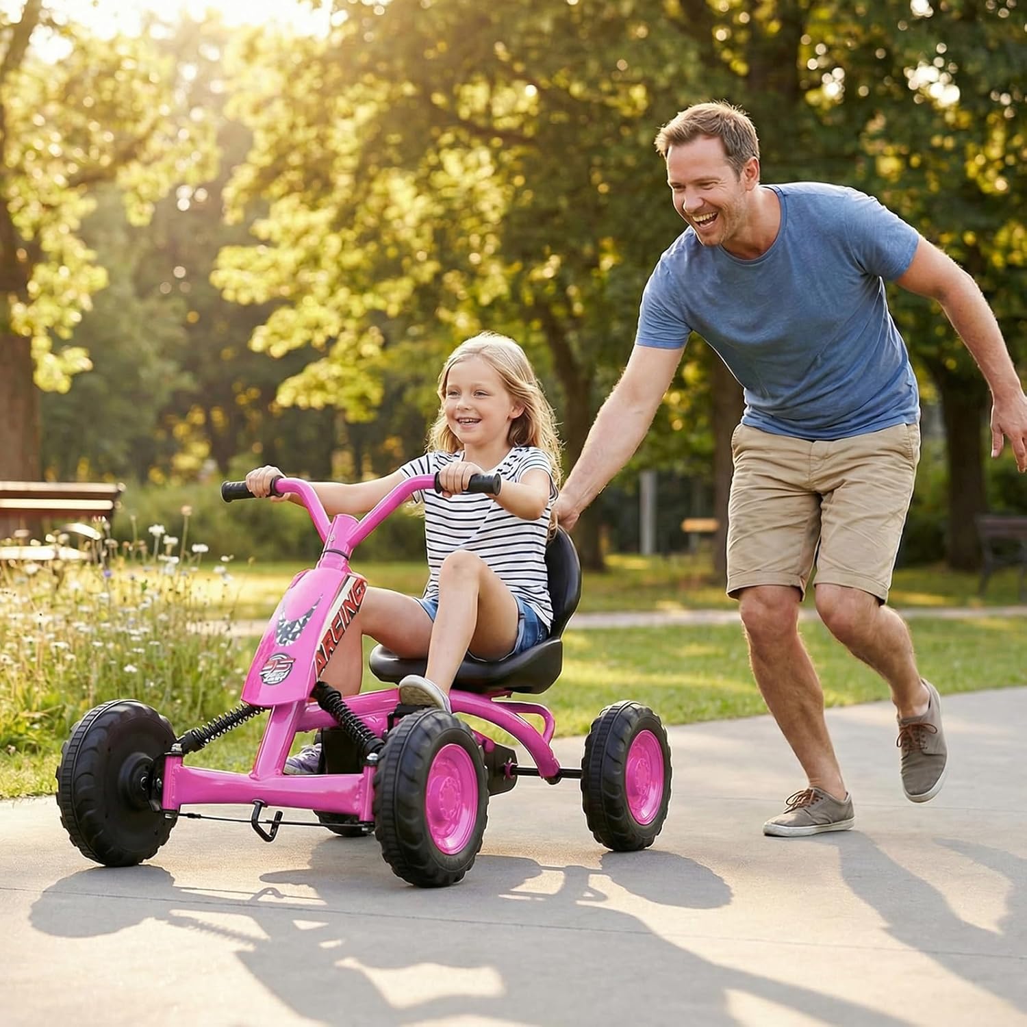 Costzon Go Kart for Kids, 4 Wheel Toddler Ride On Pedal Car with Steering Handlebars, Adjustable Seat, Outdoor Off-Road Racer Kiddie Cart, Toy Car Gift for Boys Girls Aged 3+ (Pink)