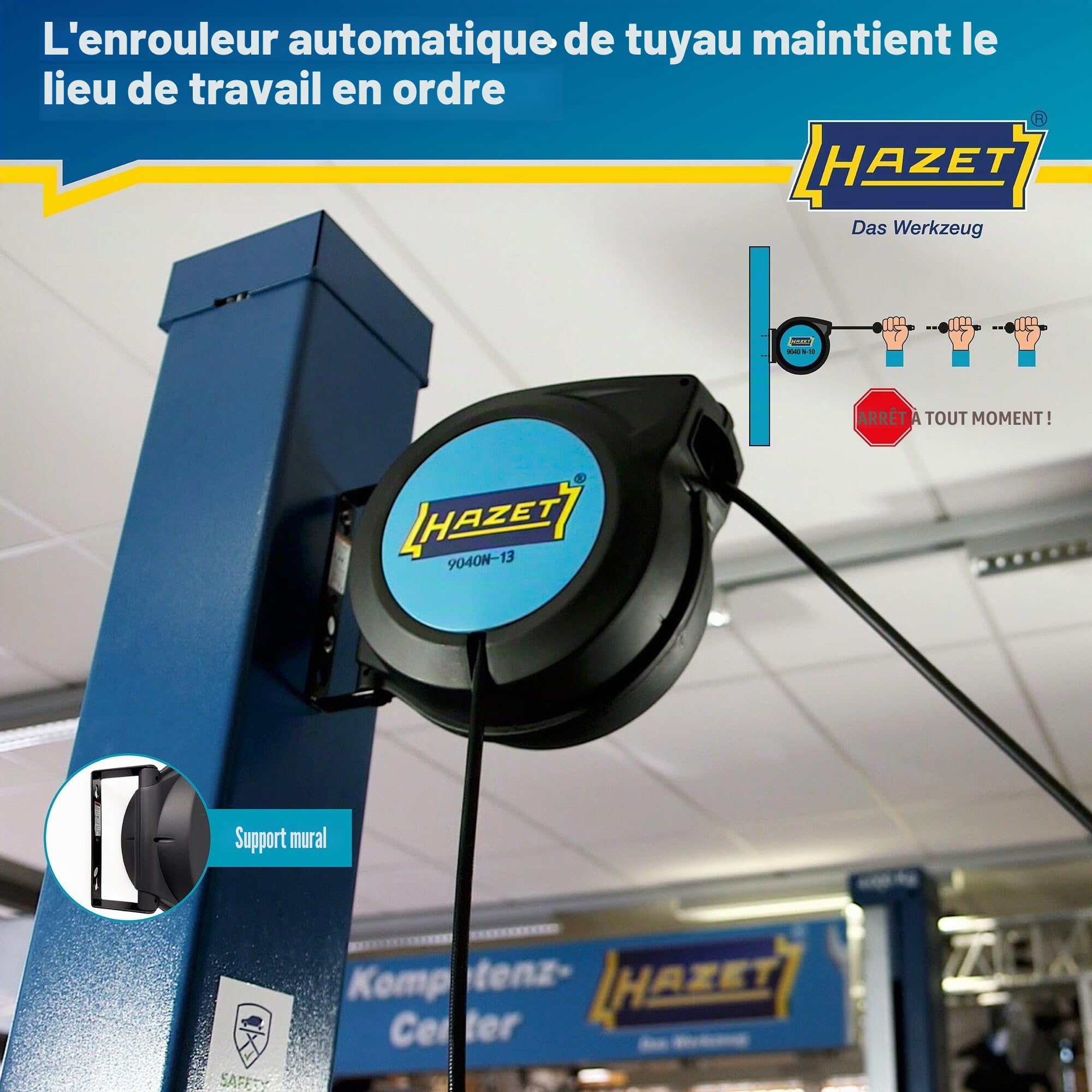 HAZET Enrouleur de tuyau 9040N-13 I Longueur de tuyau 15 m, diamètre intérieur : 13 mm, pression : 20 bar pour air comprimé et eau I avec fonction "Stop at any point