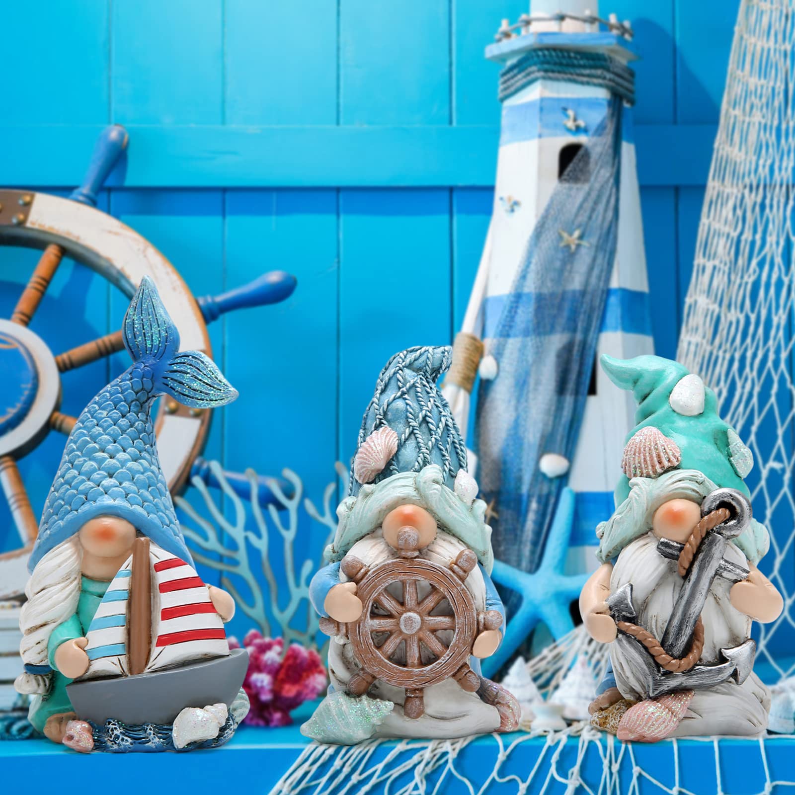 Hodao 3 Stück Sommerwichtel, Dekoration, Meeresstern, Muscheln, handgefertigt, Strand, schwedische Zwerge, Dekorationen für Zuhause, skandinavische Seemann, Elfe, Sommerzwerge, Figuren