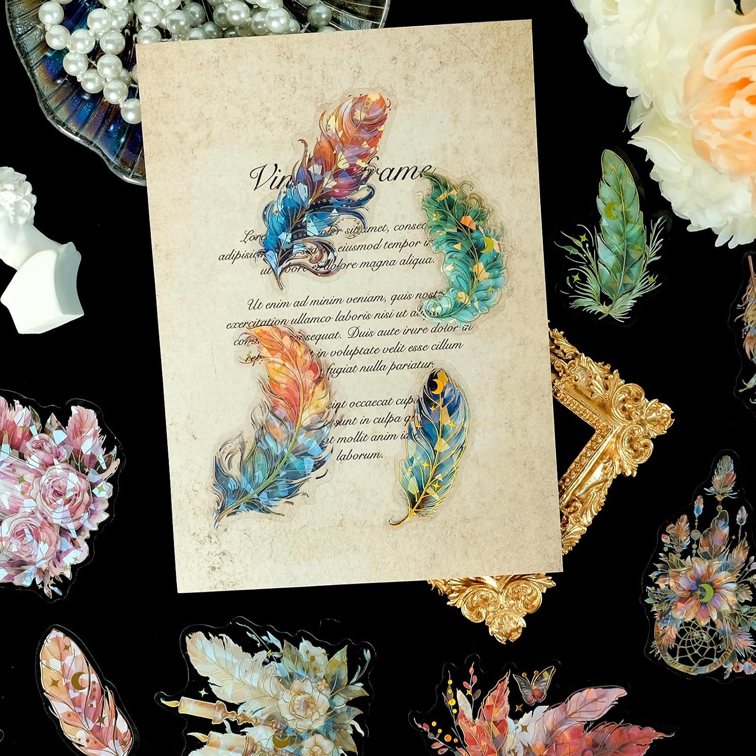 30 Pcs Fantasy Feather Stickers, Clear PET Glitter Magic Floral Stickers for Scrapbook, Journal, Junk Journal, Collage - Holographic Transparent for Resin, Craft, Scrapbook Supplies (White) image 3