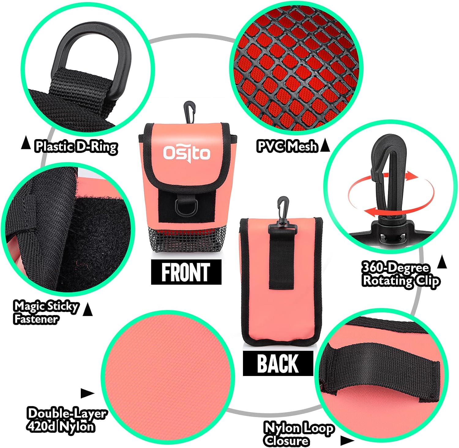 Scuba Mesh Gear Bag with 360 Swivel Clip and D-Ring | Small Diving Gear Mesh Dry Pocket Carry Pouch with Hook and Loop Tape for Storing Surface Marker Buoy, Finger Reel, Bolt Snap