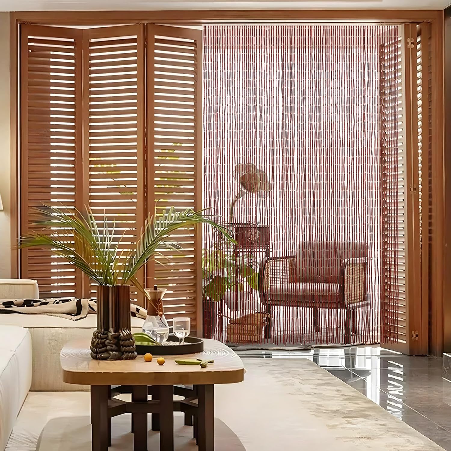 Boshen Handmade Bamboo Beaded Curtains for Doorways, 65 Strands 35.5x78.7inch Natural Wood Boho Hanging Door Beads Curtains Room Divider for Home Decor Hallway Window(Brown)