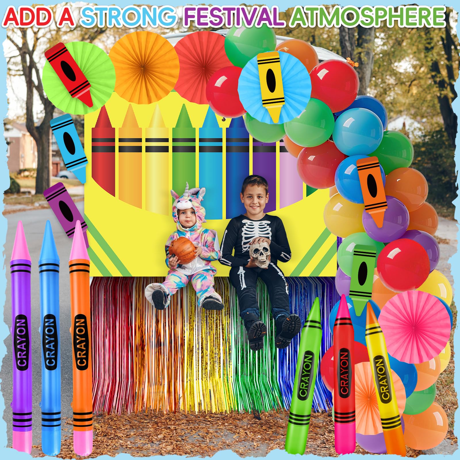 85 Stück Buntstifte, Halloween-Dekoration für Kofferraum oder Leckereien, bunte Buntstifte, Hintergrund, aufblasbare Buntstifte, Regenbogen-Folie, Fransenvorhang, Papierfächer, Luftballons, Aufkleber