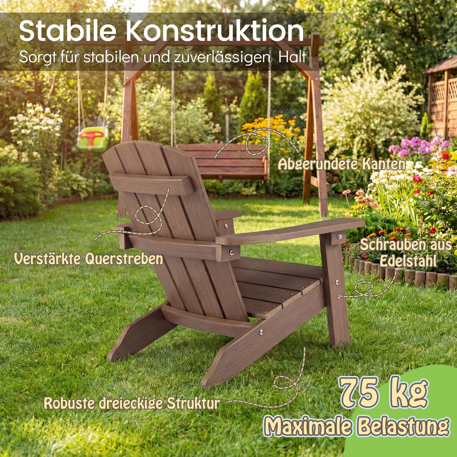 COSTWAY Adirondack Stuhl Kinder, Adirondack Chair wetterfest aus HIPS, Gartenstuhl mit ergonomischer Rückenlehne & Armlehnen, Outdoor-Stuhl für Jungen & Mädchen ab 3 Jahren (Braun)
