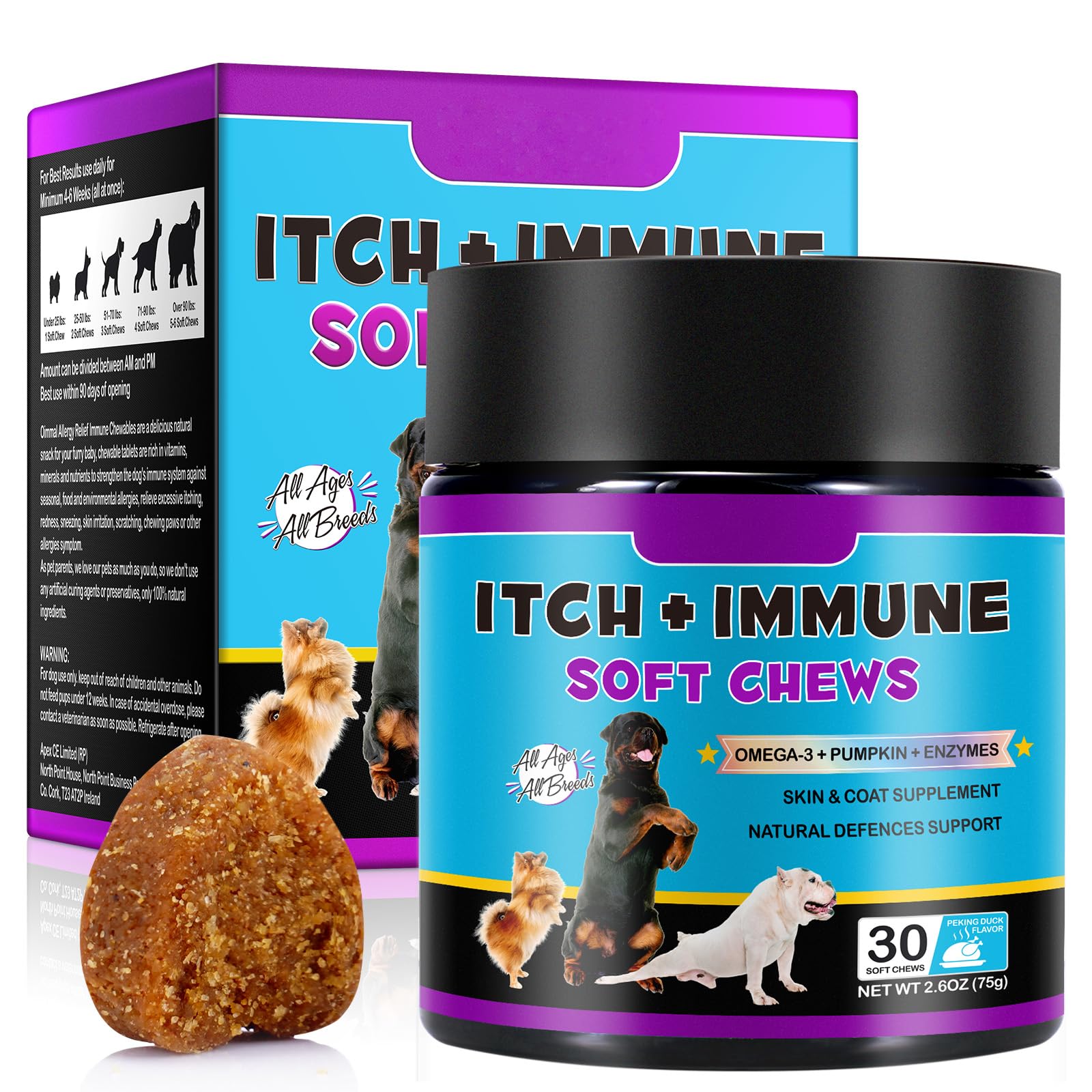 Dog Allergy Immune Chews, 30 Pcs Skin & Coat Supplement for Dogs with Omega-3, Pumpkin & Enzymes - Supports Normal Itchy and Immune Function Soft Chews for Itchy Skin - Peking Duck Flavor