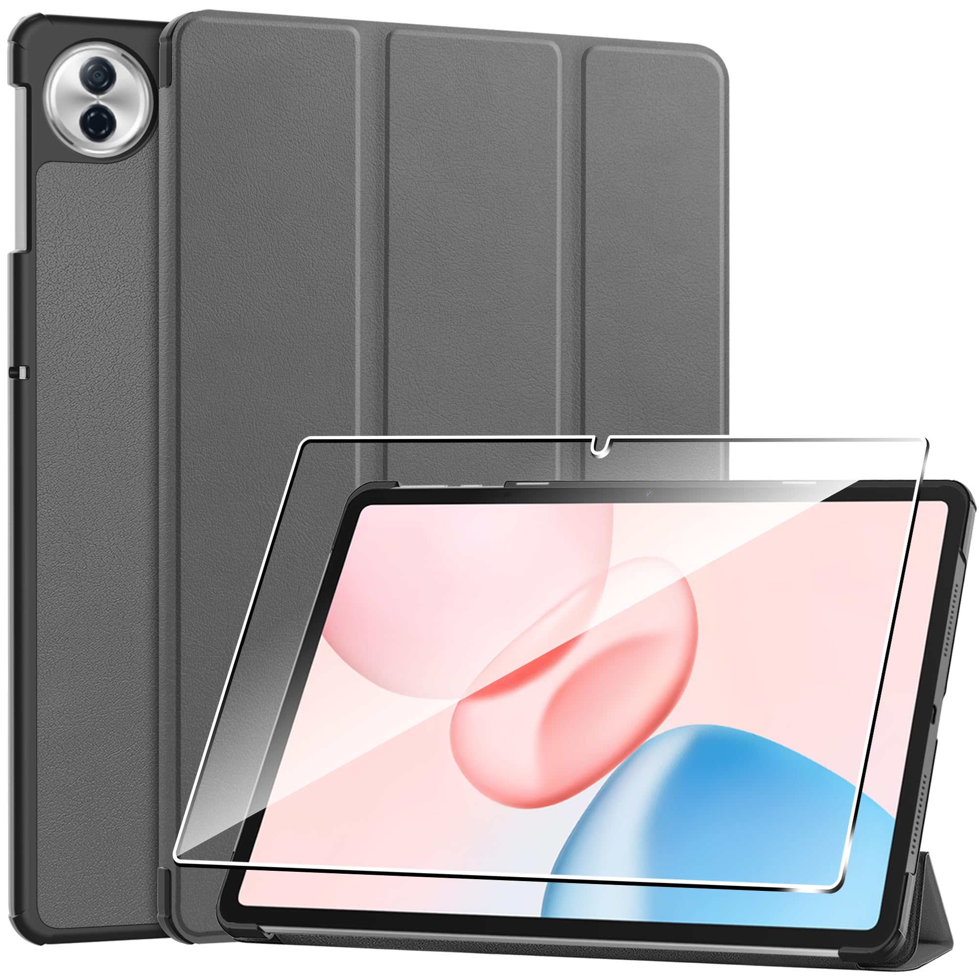 Heioloo Hülle für Honor Pad 10 12.1" Schutzhülle mit Auto Schlaf/Wach, mit [1 Stück] Panzerfolie Schutzfolie, [PU Leder][Standfunktion] [Anti-Kratzen]-Grau