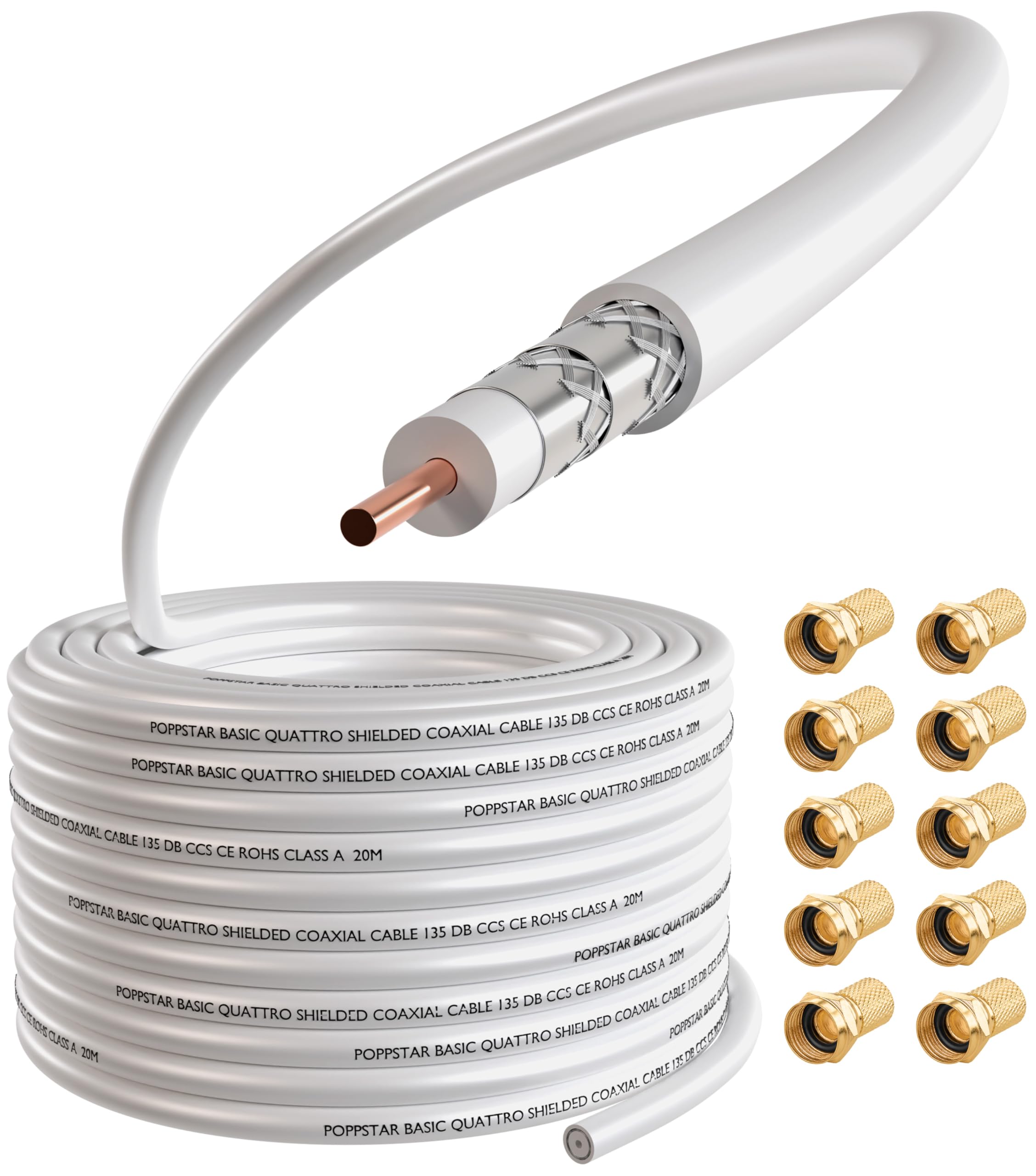 POPPSTAR Cavo coassiale da 100m (RG6, diametro 7,3 mm, guaina in PVC bianco, conduttore interno), con connettori F