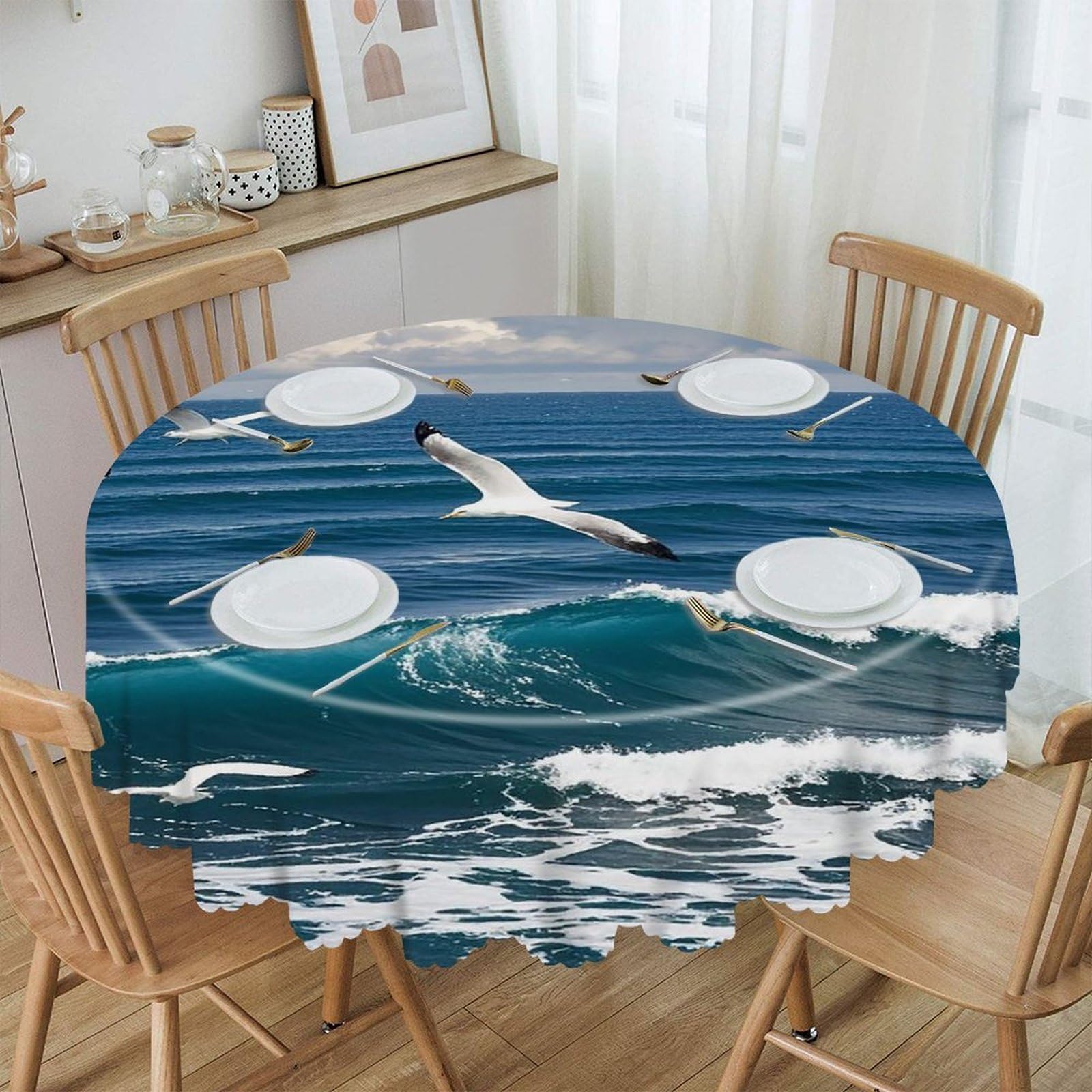 LZQPOEAS The Deep Blue Sea Round Tablecloth Rustic Circle Table Cloth Wrinkle Resistant Decor Tablecloth Waterproof Washable Table Cover for Kitchen Party Dining Table 60 Inch