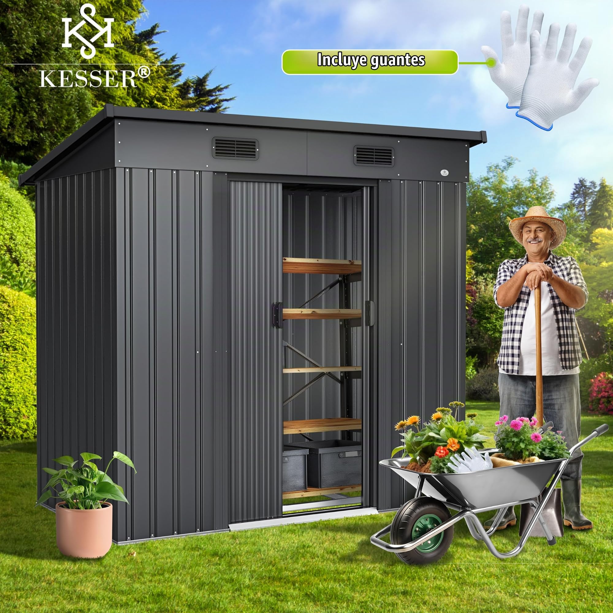 KESSER® - Cobertizo de metal L de 4 m³ con base | 194 x 112 x 181 cm | 2 puertas correderas y cimientos | cobertizo para equipos | armario de cobertizo de jardín | cobertizo de jardín con techo