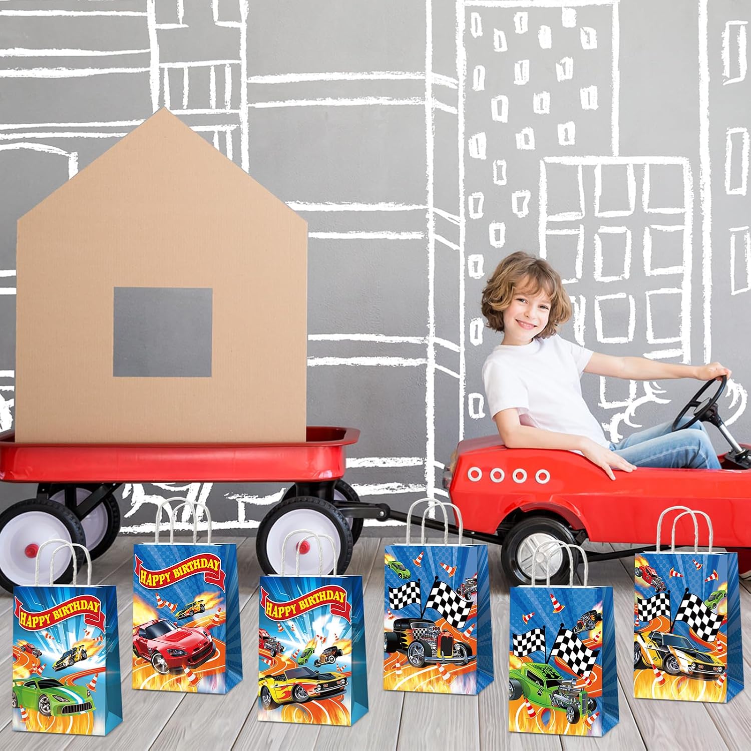 24PCS Hot Car Happy Birthday Party Favor Bags Race Car Party Supplies Wheels Car Party Gift Goodie Bags Hot Car Happy Birthday Game Party Treat Bags for Baby Shower Hot Car Wild Racer Party Favors