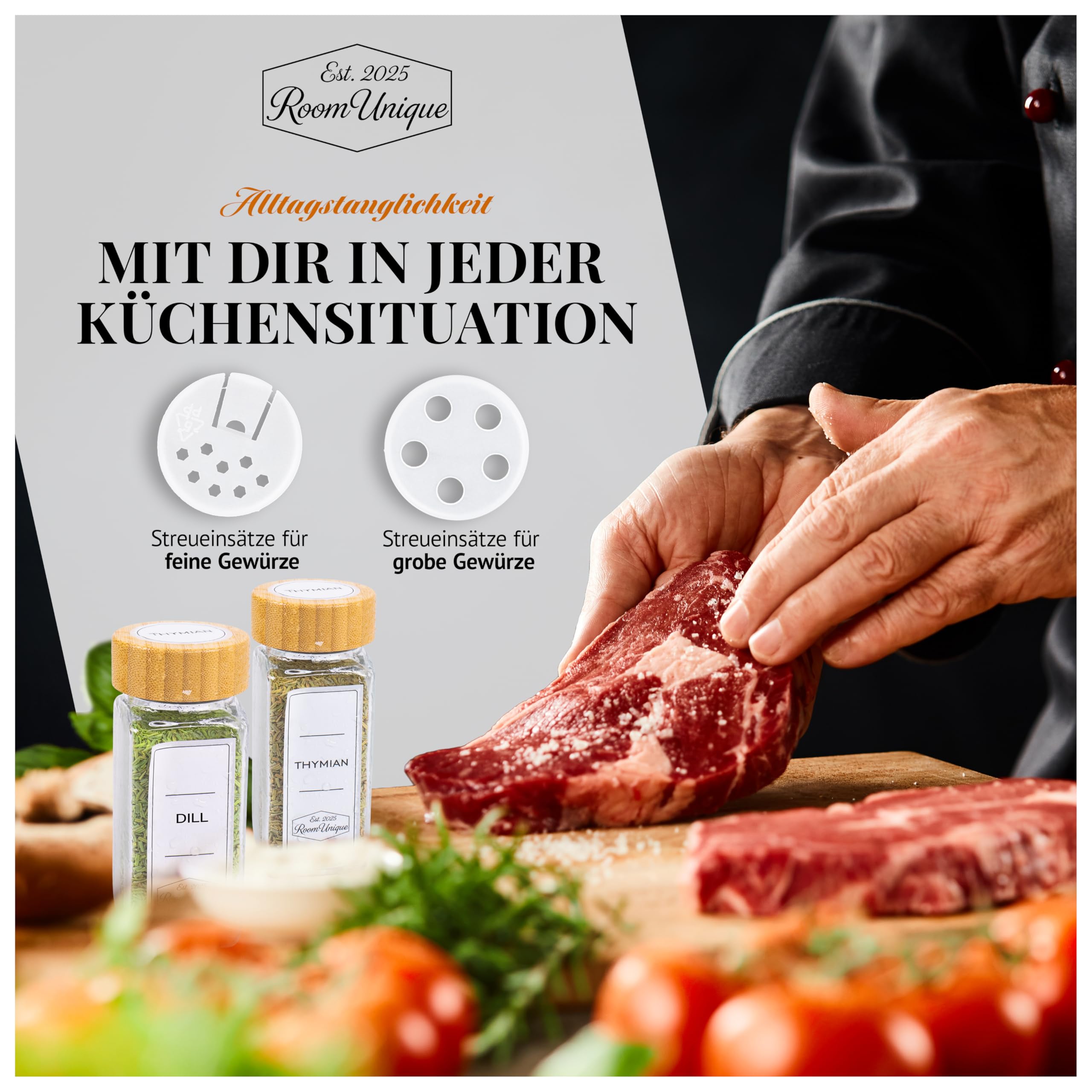 Gewürzregal mit Gewürzgläsern | 21 Gläser a 120 ml mit Bambusdeckel | Etiketten | Streueinsätze | Trichter+Bürste | Metallregal 36,6×25×11 cm | Modular + beschriftbar | inkl. Marker