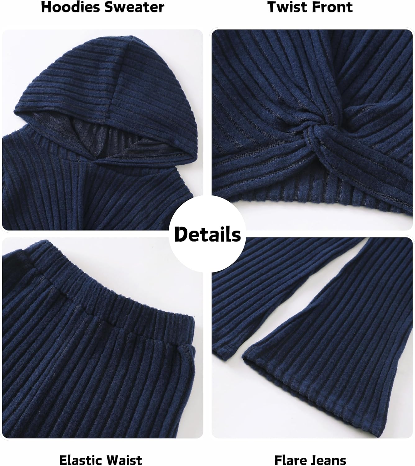 XUANHAO Girls Clothes Fall Winter Teen Outfits for Girl Rib Knit Twist Front Hoodie Flare Pants Sweatsuit Girls Clothing Set - Image 5