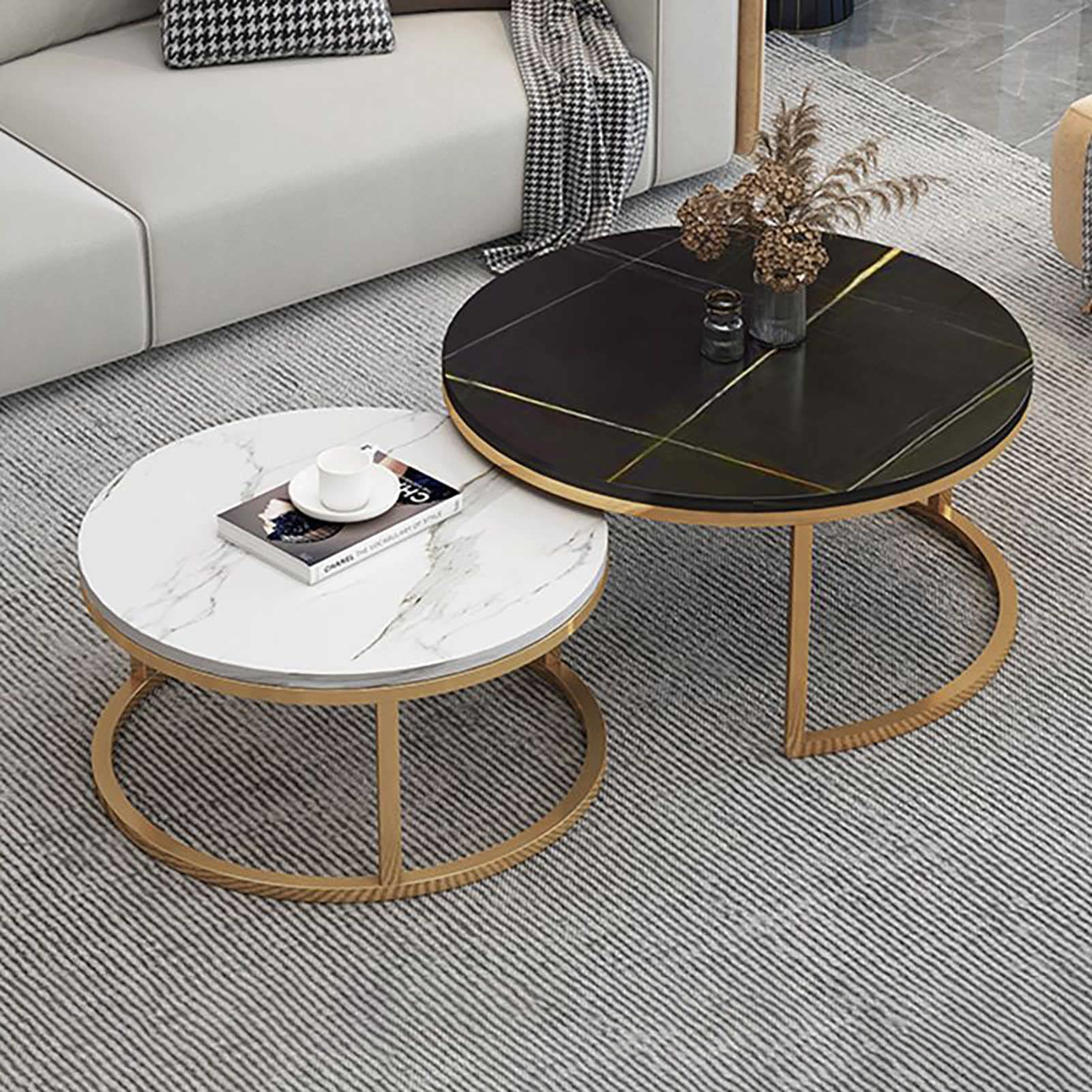 Klydbmyt Modern Nesting Coffee Table Set Of 2 With Drawer Storage Marble Texture And Metal Frame Living Room Furniture Decor And Multipurpose Use.