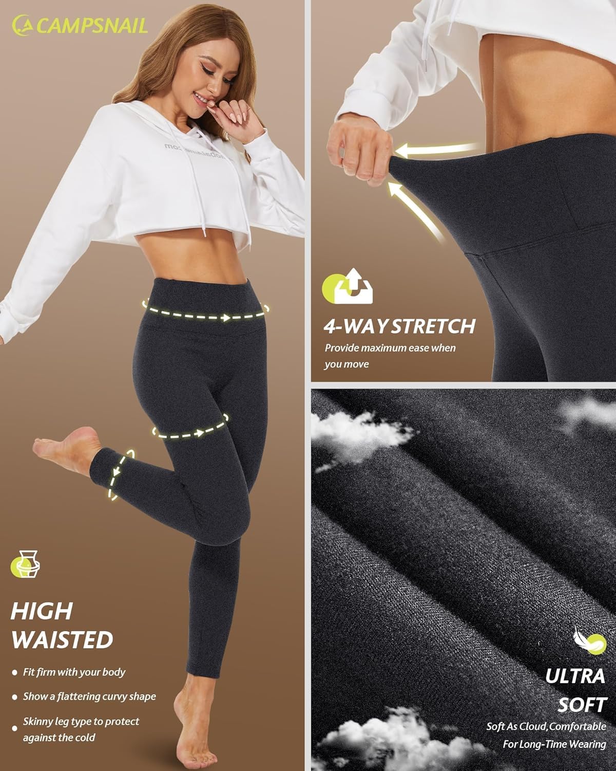 CAMPSNAIL Fleece Lined Leggings Women - Thick Soft High Waisted Black Tummy Control Thermal Warm Velvet Pants for Cold Winter - Image 4