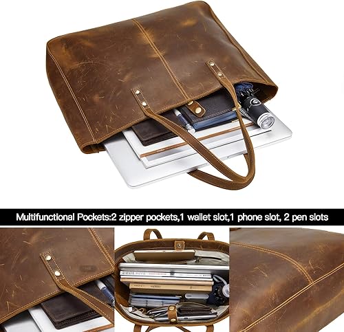 Miniatura 4 de Bolso de hombro de cuero completo para mujer, bolso grande de trabajo para hombres y mujeres, bolso de hombro de negocios, bolso vintage marrón para