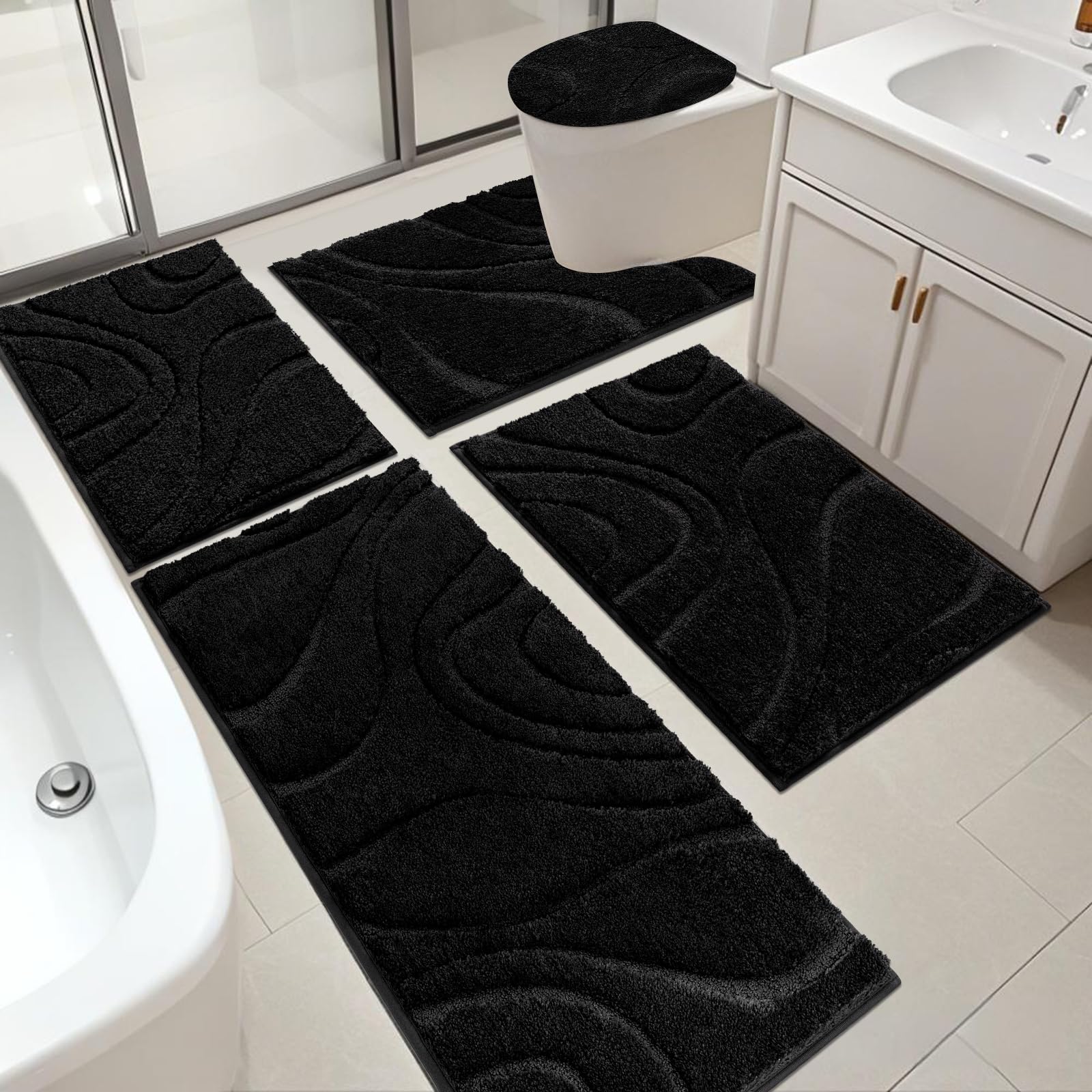 HEBE Bathroom Rugs Sets 5 Piece, Soft Absorbent Microfiber Bath Mat for Bathroom, Non Slip Washable Bath Rug Set with Toilet Cover, Bath Runner and