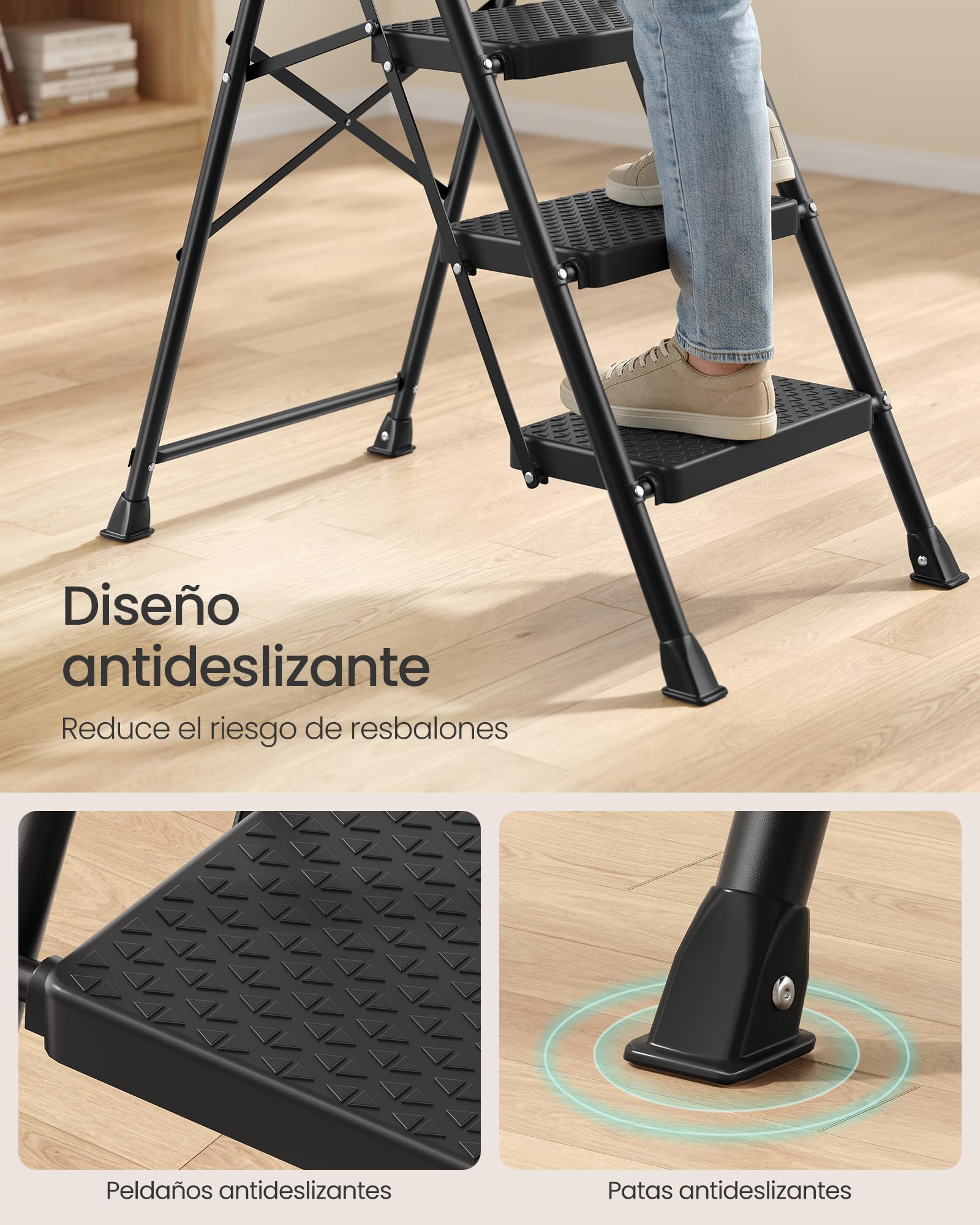 SONGMICS Escalera de Acero, Escalera Plegable de 4 Peldaños, Carga de 150 kg, para Casa, Oficina, Jardín, 84 x 45,5 x 145,2 cm, Negro GSL204BZ01