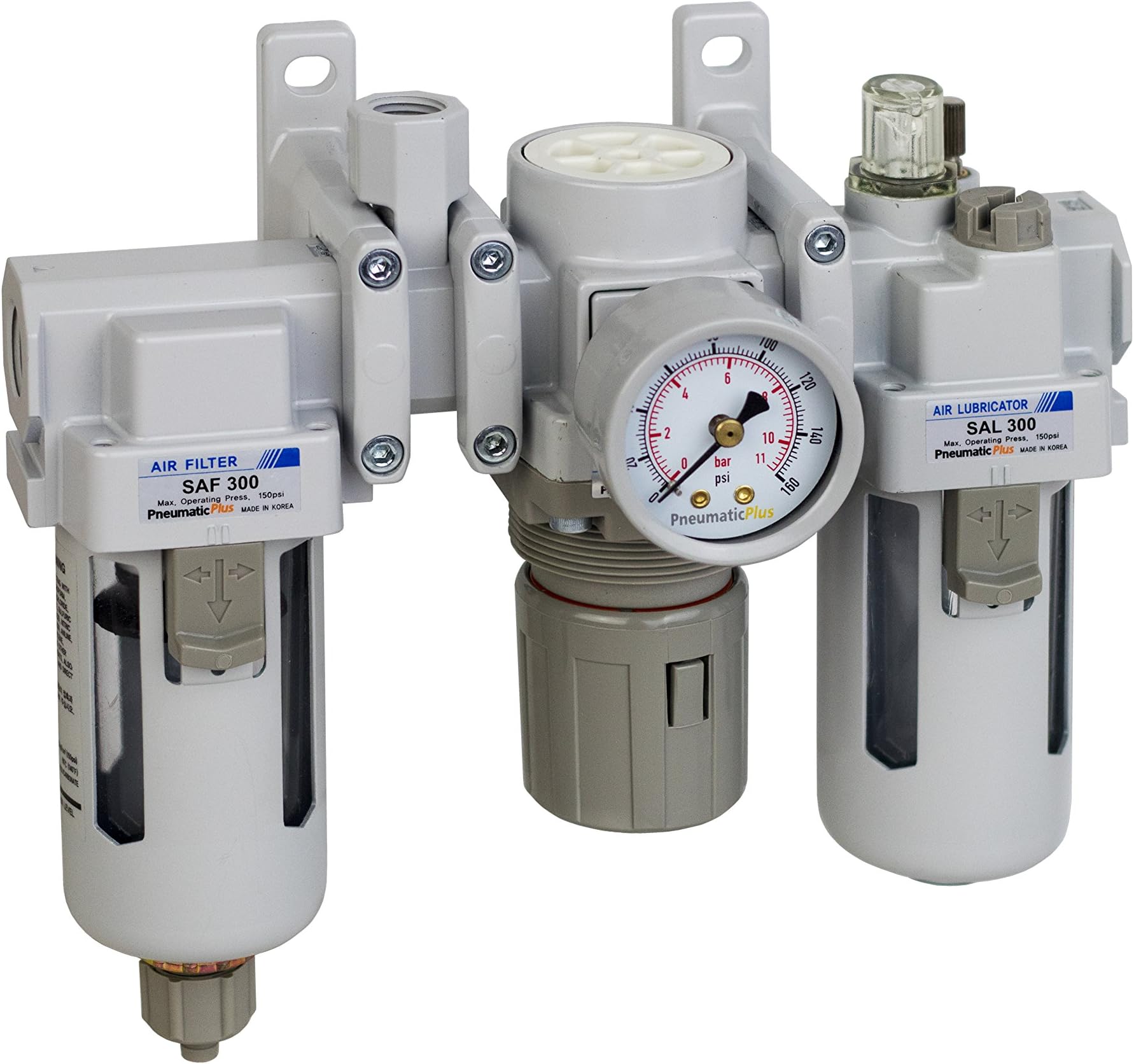 SAU300A-N03G - Dual Air System 3/8" NPT - Compressed Air Filter, Pressure Regulator & Lubricator w/Additional Free Air Port 1/4" NPT - Manual Drain, Poly Bowl