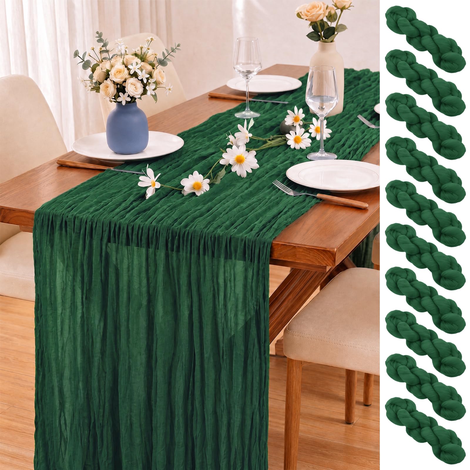 FXKS 10 Pack Dark Green Cheesecloth Table Runners, 20x120 Inch