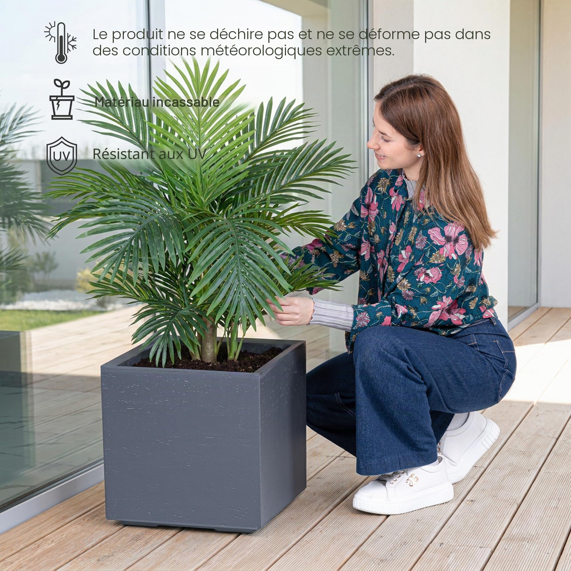 KONZEPT Grand pot de fleurs sur roulettes 40 x 40 x 40 cm, pour extérieur, carré, anthracite aspect béton, en plastique, mobile, idéal pour le jardin, la terrasse et le balcon