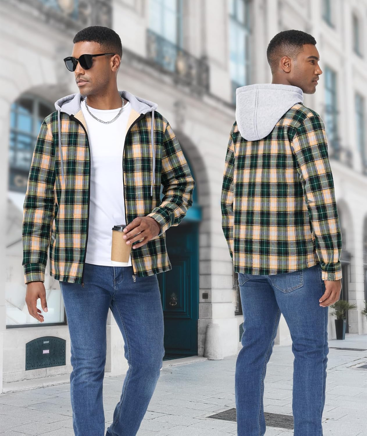 ZITY Flannel Jacket for Men Fleece Plaid Shirts Hoodie Zip Up Sherpa Lined Winter Warm Coat