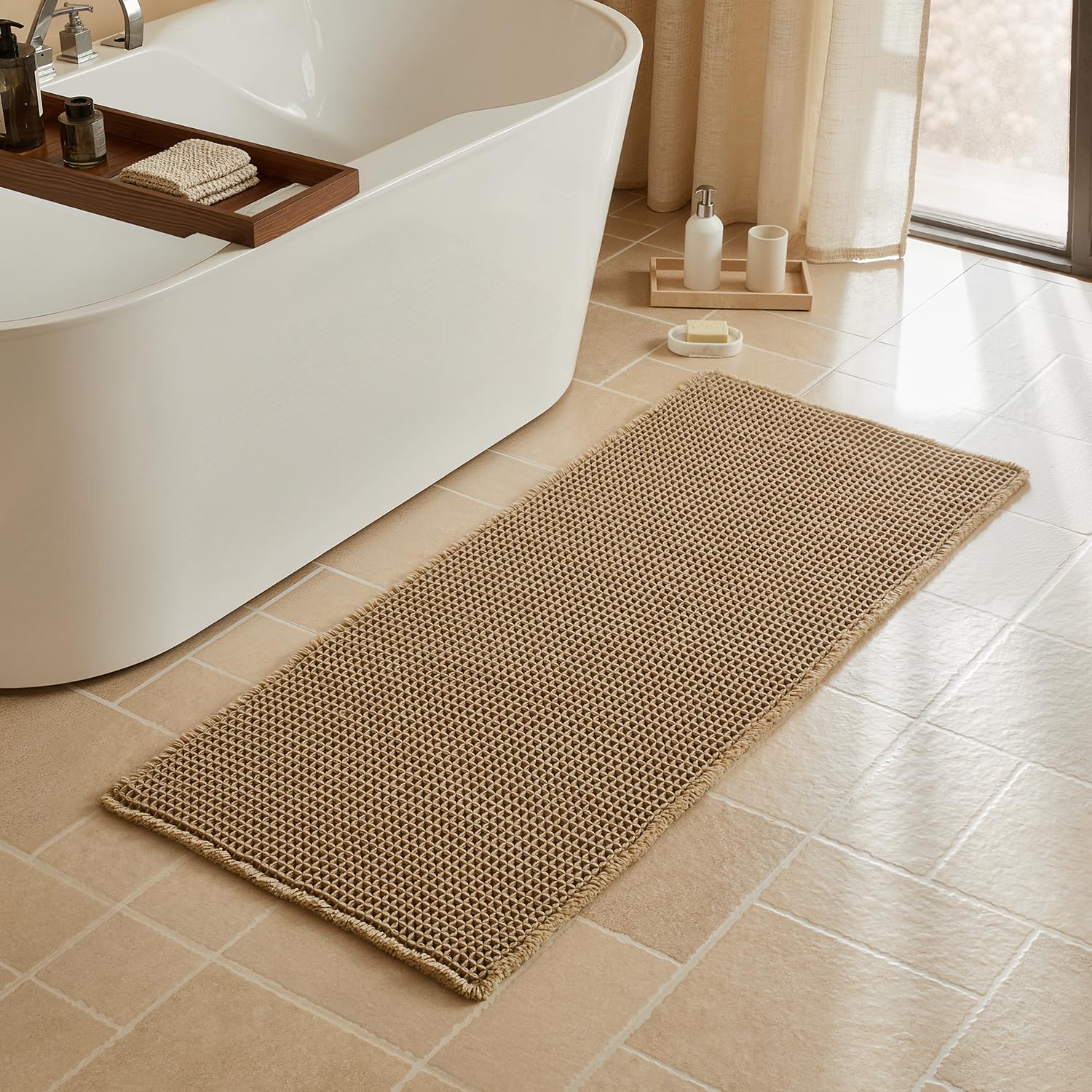 Triohero Waffle Runner Bath Mat - Long Bathroom Rugs Non Slip Washable, Ultra Soft Super Absorbent Quick Dry Boho Farmhouse Bathroom Decor, 24" x 60"'