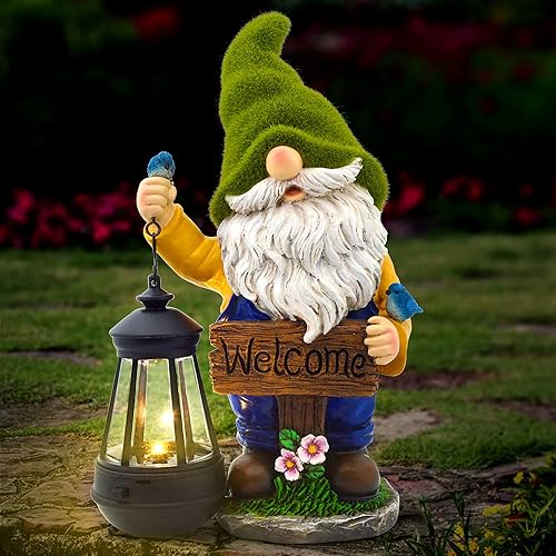 Gnomos de jardín de Navidad para exteriores, estatua de gnomo flocada con luces LED solares  Gnomos decoraciones de jardín para patio, adornos de