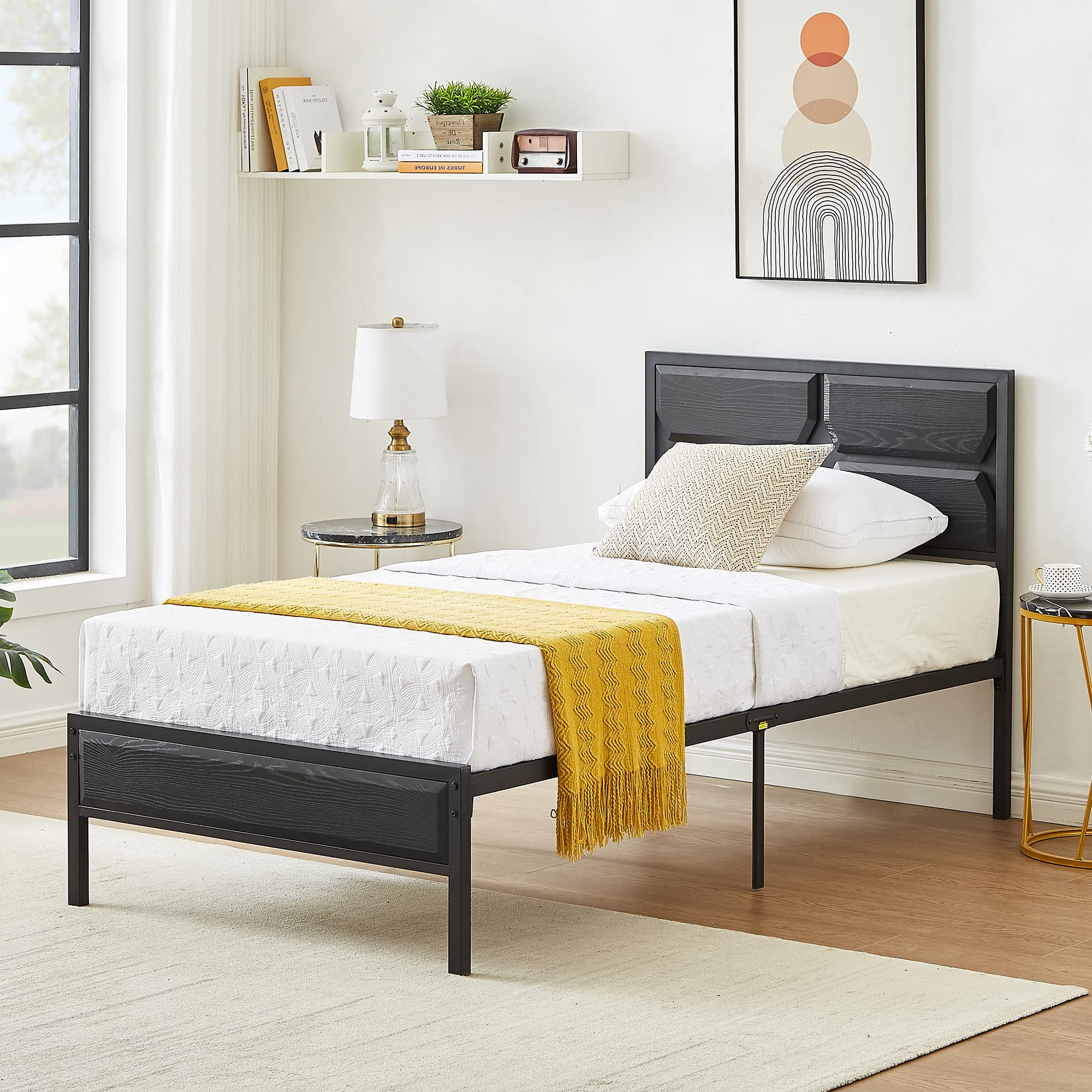 VECELO Twin Size Bed Frame with Wood Headboard/Footboard,Platform Bed Frame Mattress Foundation/Steel Slats Support/No Box Spring Needed