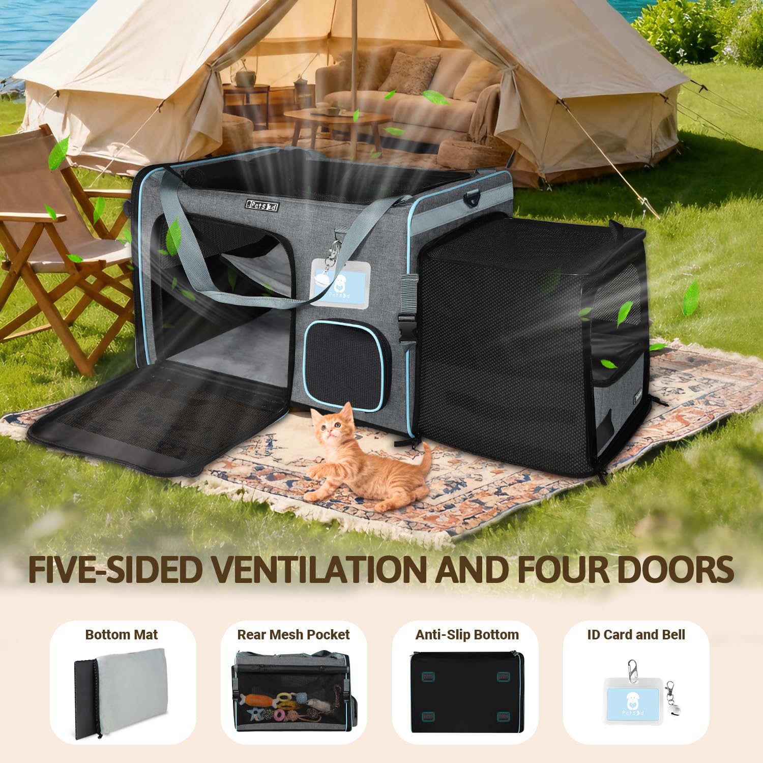 Petskd Side Expandable Extra Large Cat Car Carrier with Collapsible Litter Box for Long Distance Travel,24"x17"x17" Portable Soft Sided Pet Carrier with Roller Shades for 2 Cats Up to 55LBS(Grey) - image 6