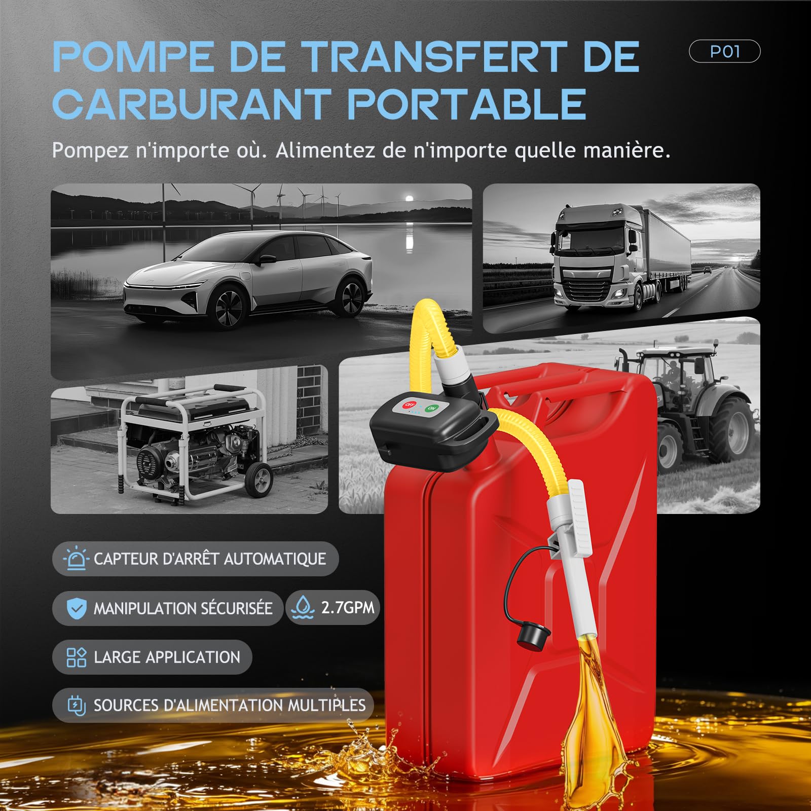 Pompe de transfert de carburant portable avec capteur d'arrêt automatique, pompe diesel électrique 12 l/min avec batterie et câble, pompe à huile rechargeable pour bidons, réservoirs de carburant
