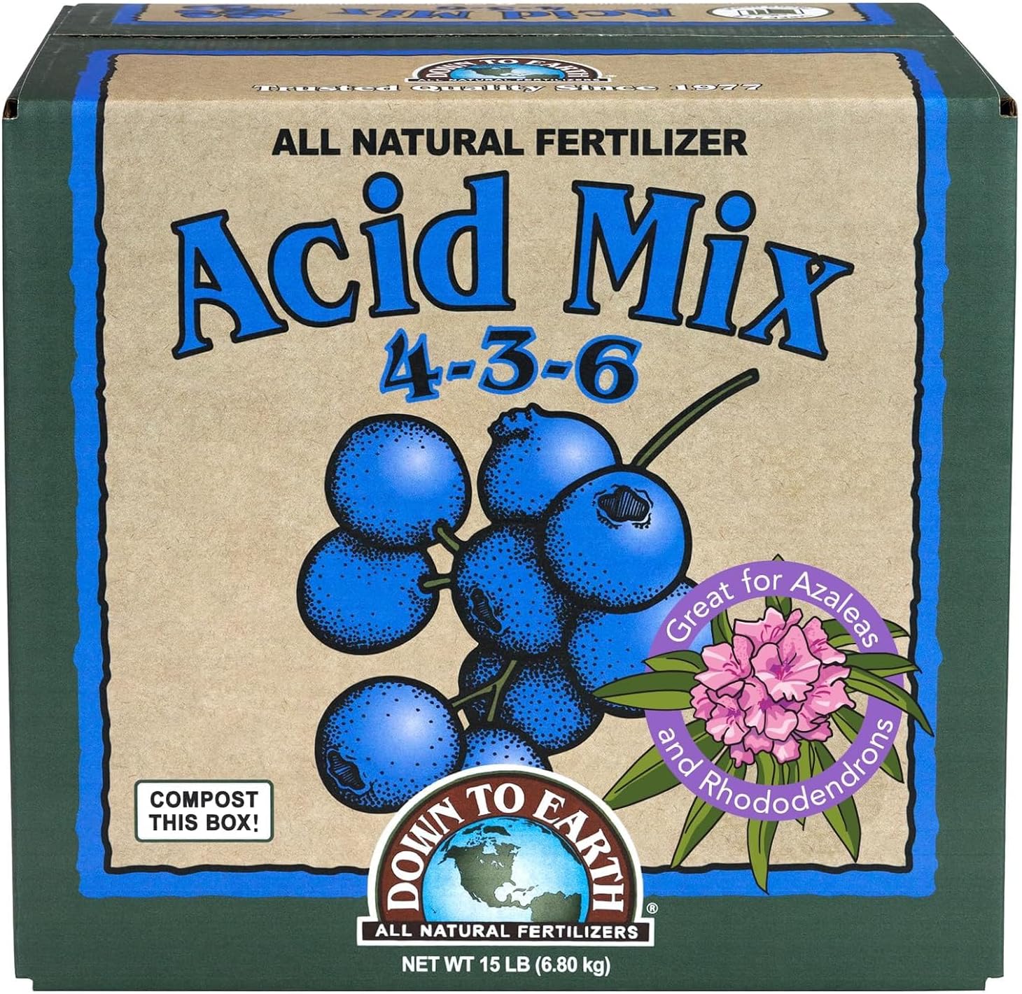 Down to Earth All Natural Acid Mix Fertilizer 4-3-6, 15 lb | Plant Food for Blueberries, Raspberries, Azaleas, Camellias, Rhododendrons, Hydrangeas, Evergreens and Acid-Loving Plants