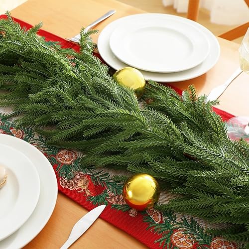 Miniatura 7 de Guirnalda de pino Norfolk artificial de 6 pies, guirnalda de pino de invierno de tacto real, guirnalda verde artificial para mesa, manto, pared,