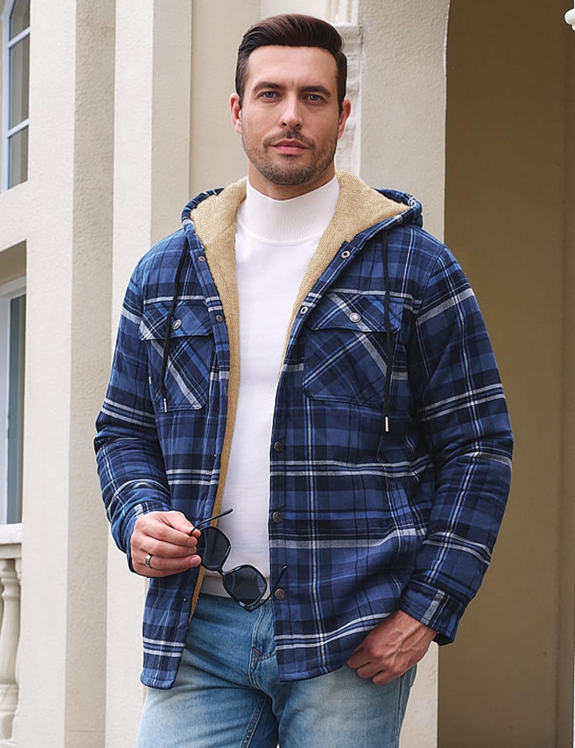 TACVASEN Men's Sherpa Lined Plaid Flannel Jacket for Winter with Hood image 2