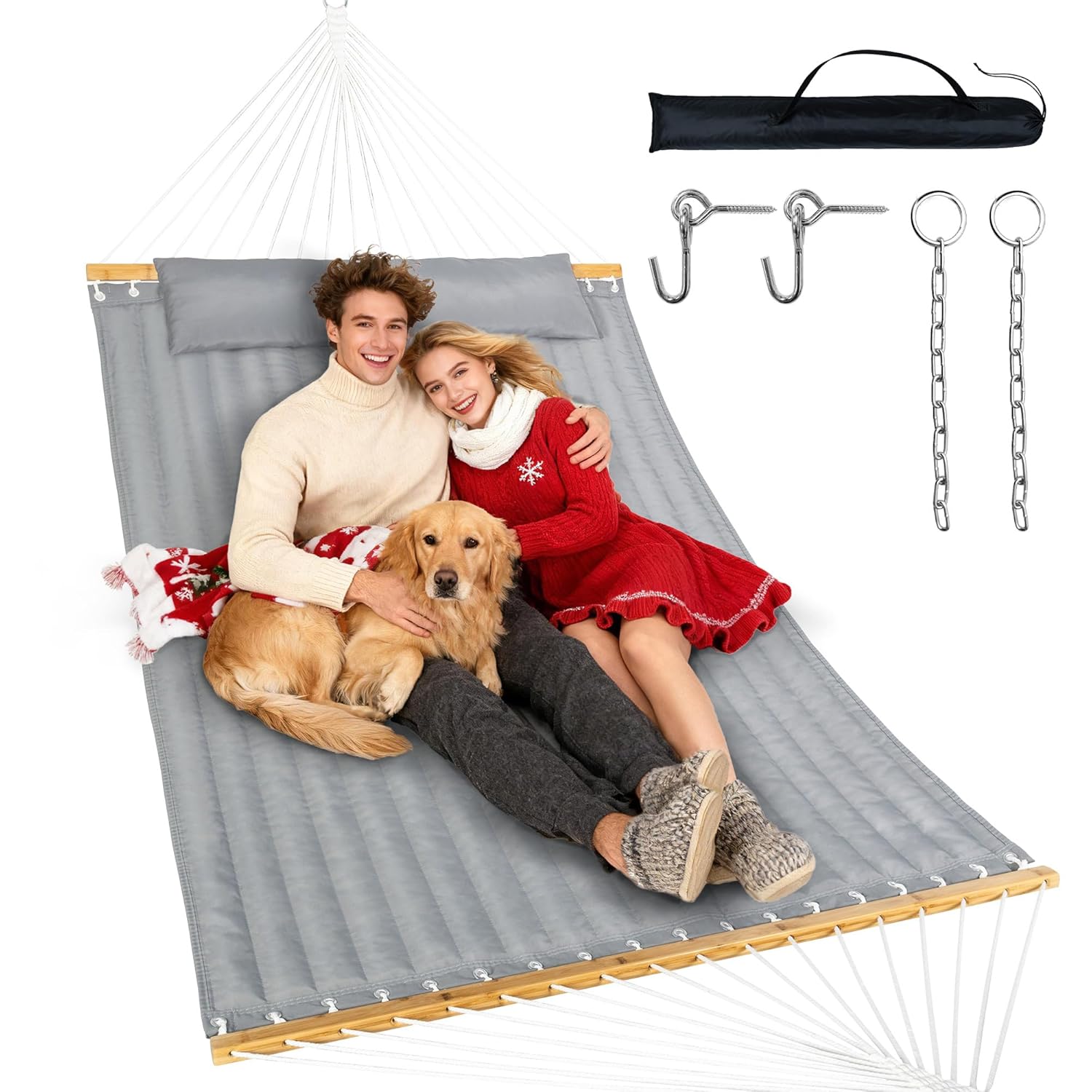 Double Hammock with Spreader Bar Pillow Portable 500lbs Capacity for Outdoor Camping Patio Backyard Relaxation Gray
