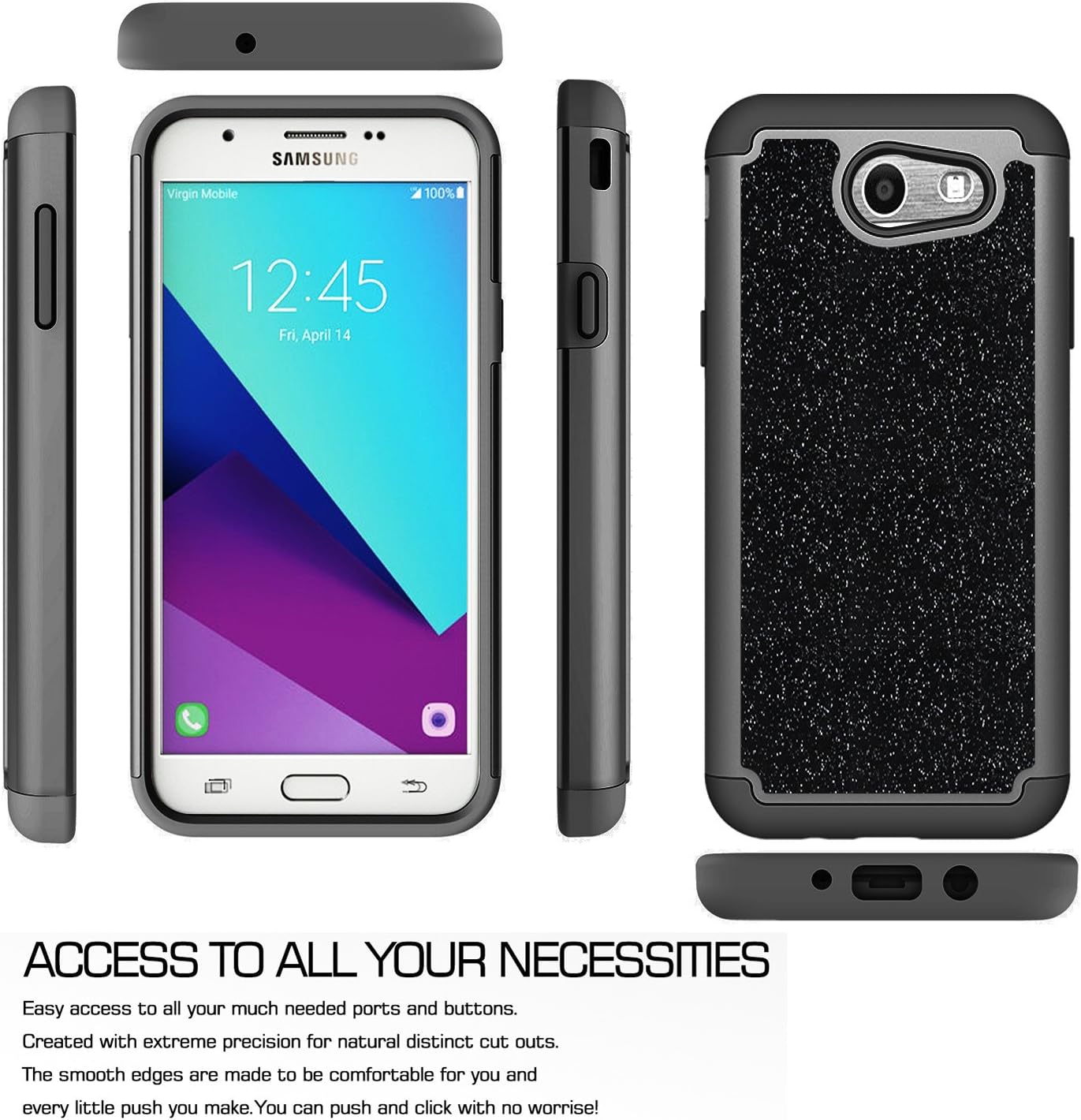 LeYi PC Silicone Glitter Case with HD Screen Protector for Samsung Galaxy J3 Prime/ J3 Emerge/Express Prime 2/ Amp Prime 2/ J3 Mission/ J3 Eclipse/ J3 Luna Pro/Sol 2/ J3 2017 TP Black