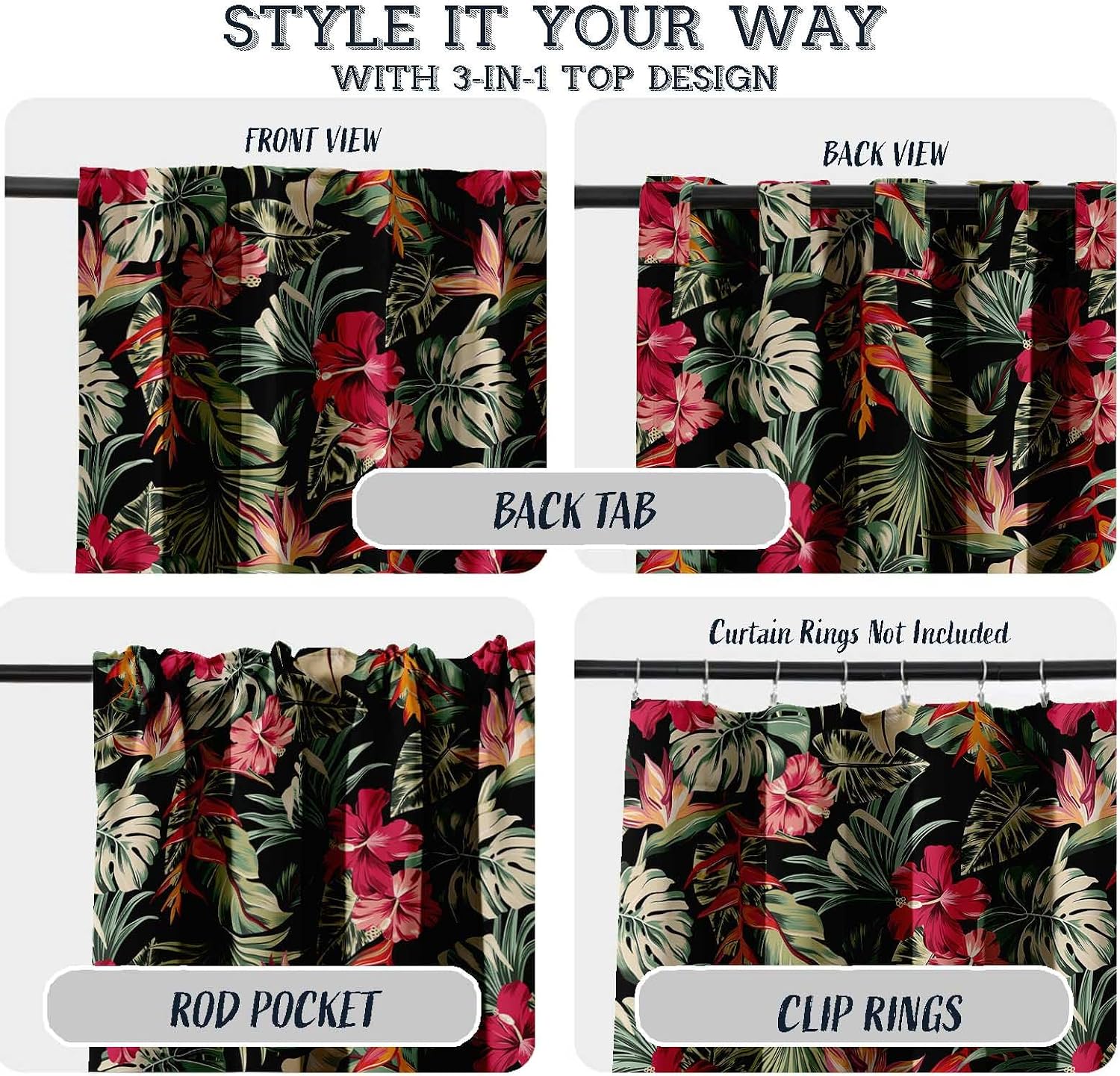 Cotton Curtains for Windows - 3-in-1 Rod Pocket/Back Tab Short Window Drapes - Light Filtering Cotton Canvas Panels - Set of 2, 52"x63" - Tropical Print (Multicolor)