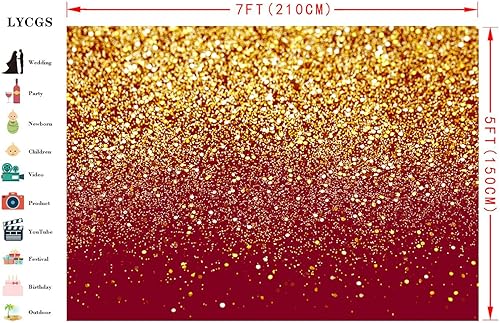 Miniatura 4 de LYCGS Telón de fondo rojo con purpurina de 7 x 5 pies, fondo de cumpleaños con manchas doradas, telón de fondo Bokeh, telón de fondo de boda,
