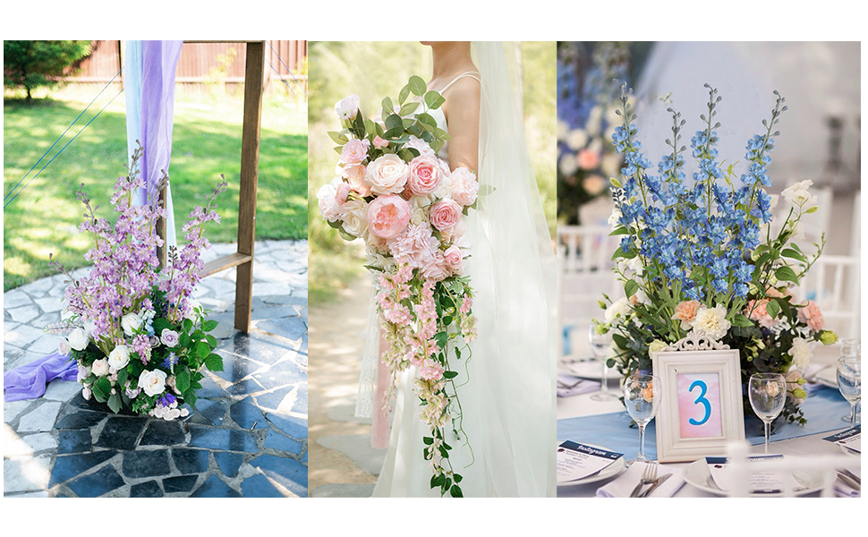 IPOPU White Flowers Artificial Delphinium 9PCS with Clematis Greenery for Wedding & Home Decor