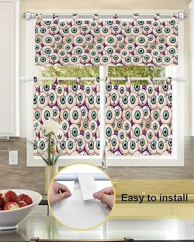 Miniatura 3 de Juego de 3 cortinas y cenefas de cocina para ventanas, temática de Halloween, cenefa de cortina con filtro de luz de ojos de zombi, cortinas de